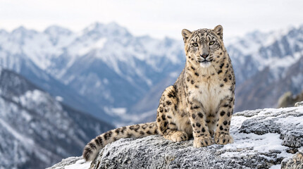 Fototapeta premium Léopard des neiges sur fond de montagnes