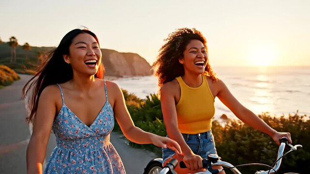 Smiling diverse young women enjoy a scenic bicycle ride along a coastal road at golden hour sunset, the uplifting spirit of International Youth Day and Indigenous Peoples Day.