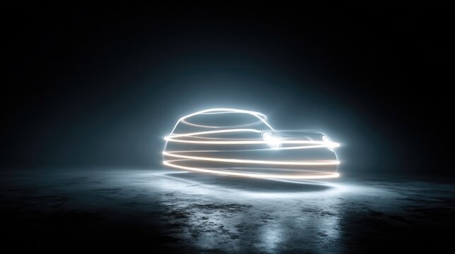 Futuristic Neon Light Car Outline on Concrete Floor in Dark Atmosphere