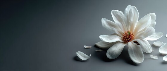 Fototapeta premium Elegant White Magnolia Flower on Dark Background with Falling Petals for Serenity and Tranquility