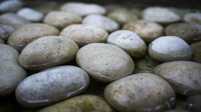 shallow. Smooth water-worn pebbles on a shallow stream bed with clear water flowing over them. travel magazines, destination branding, designed for travel destination branding.