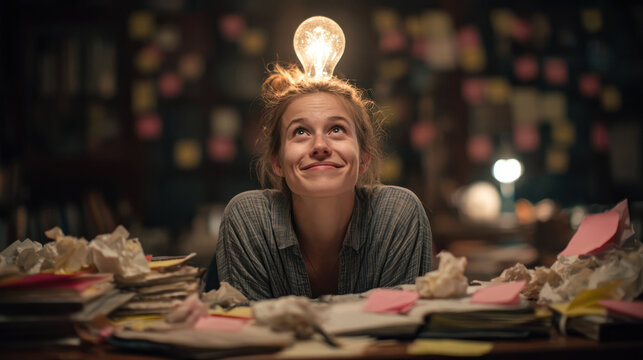 Young woman writer messy desk light bulb idea joyful expression