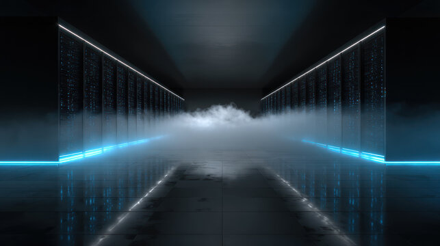 Data center corridor server rack fog blue light cold technology concept copy space