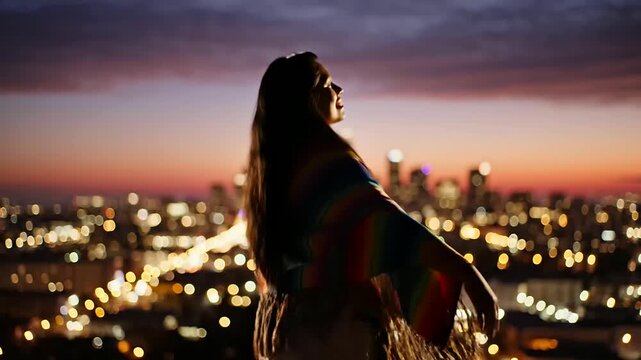 A young woman in a vibrant poncho overlooks a sparkling city at twilight, celebrating International Youth Day and Indigenous Peoples Day with cultural heritage.