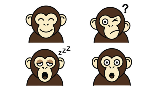 Cute Monkey Emoji Set: Happy, Confused, Tired, Surprised Cartoon Expressions on White Background