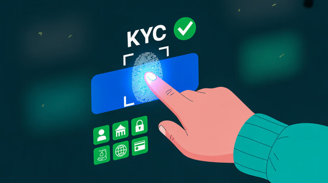A Hand Touching a Fingerprint Scanner with K Y C Verification on a Digital Screen