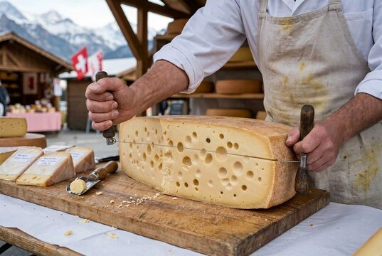 Close-up of hands wire-cutting a large Emmentaler wheel revealing iconic eye-studded interior at a Swiss alpine cheese market.
