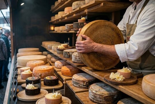 ide close-up of hands placing a Gruy&egrave;re wheel on wooden shelves in a cave-style cheese display at a Swiss alpine market stall.