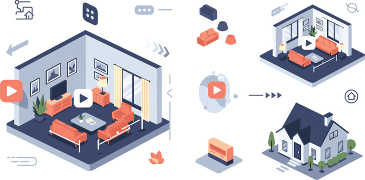 Modern isometric living room interior and house exterior vector illustration set for real estate virtual tours and architecture