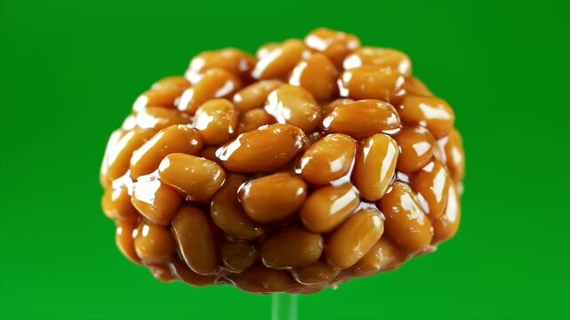 Close Up Of Caramelized Pine Nut Praline Sphere Isolated On Bright Green Background Macro Shot Food Texture Delicacy