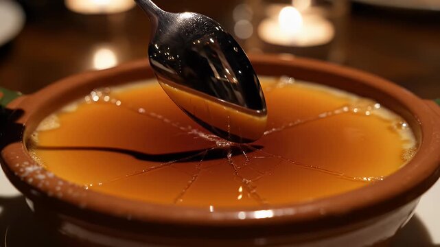 Close Up Of Catalan Crema Catalana Dessert Being Torched With A Culinary Torch In A Restaurant Warm Lighting