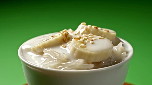 Close Up Of Delicious Vietnamese Banana Coconut Dessert Ch? Chu?i With Creamy Coconut Milk And Toasted Sesame Seeds On Vibrant Green Background