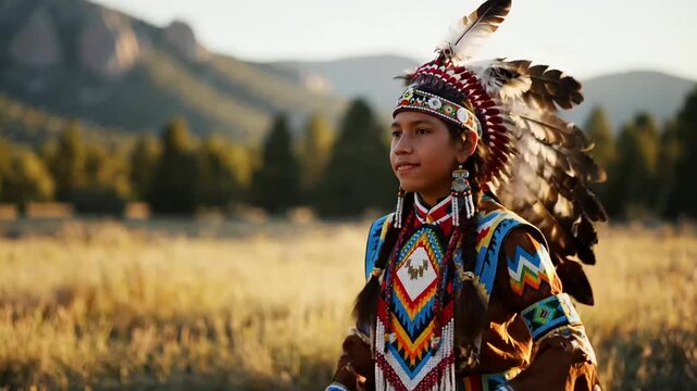 A proud young Indigenous boy in vibrant traditional regalia stands respectfully in a sunlit field, symbolizing heritage and the spirit of International Youth Day and Indigenous Peoples Day.