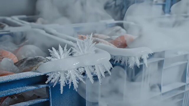 Close Up Of Frozen Food In Plastic Crates Inside A Cold Storage Room With Frost And Ice Formation Emphasizing Low Temperature Environment