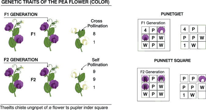 Educational biology diagram showing genetic traits of pea flowers with Punnett square for F1 and F2 generations inheritance