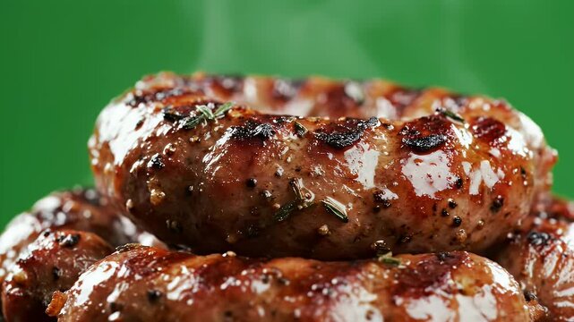 Close up Ultra Detailed Cinematic Food Commercial Video of Perfectly Grilled Romanian Mici Sausages with Steam Rising Against a Soft Green Bokeh Background