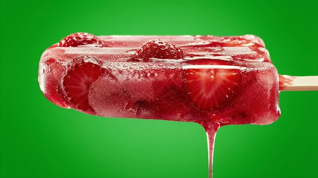CloseUp Extreme Detail Frozen Strawberry Paleta Artesanal Melting Slowly Isolated on Vivid Green Screen Background Cinematic Food Photography