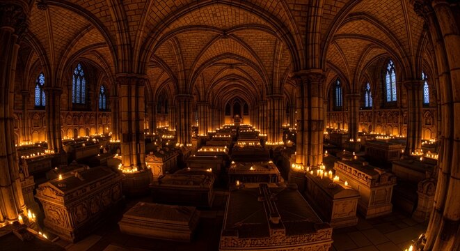Gothic Crypt Interior Illuminated by Candlelight