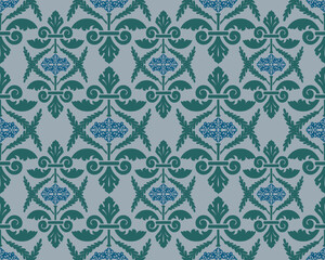 Fototapeta premium Seamless damask pattern featuring elegant ornamental motifs with flowing vine-like curves and leaf elements, combined with geometric shapes and small floral details at the center.
