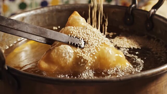 Traditional Moroccan Briwat Pastry Preparation Close-Up Detailed Footage Showing Filling Folding Frying and Sesame Seed Coating for Culinary Presentation