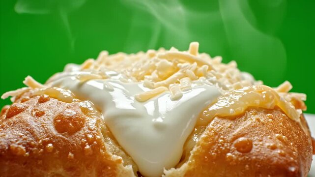 Warm Langos Fried Dough Topped With Sour Cream Melted Cheese And Grated Cheese Steam Rising On Green Screen Background Ultra Detailed Cinematic Food Commercial Video