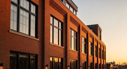 Obraz premium Modern Brick Building Exterior at Sunset