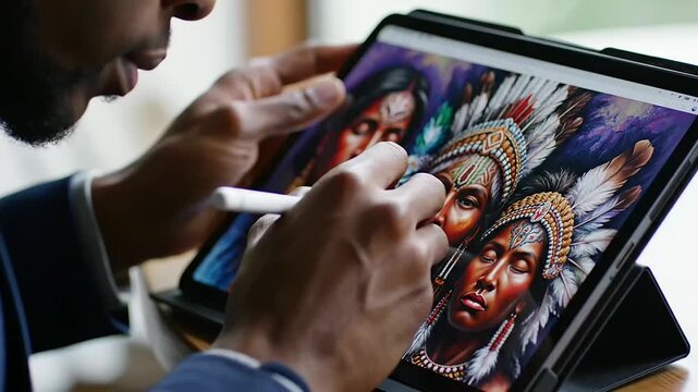 Digital artist draws a vibrant indigenous portrait with a feathered headdress on a tablet for International Youth Day and Indigenous Peoples Day.