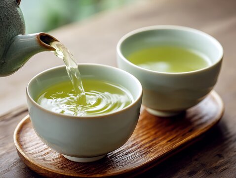 急須から湯呑みに注がれる温かい緑茶と木製トレーに乗った二つの茶碗がある和の風景
