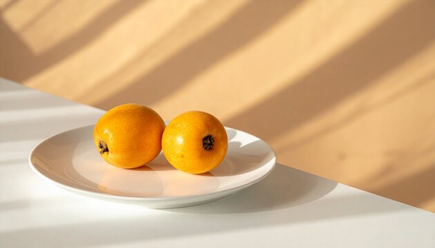 Minimal white table warm beige background plate with two loquats soft natural side light