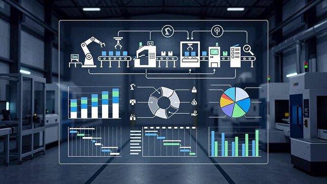 Modern factory automation dashboard displaying real time production analytics, inventory charts, manufacturing process flow, and smart industrial data visualization on a screen