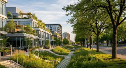 Obraz premium Regenerative farming practices promote soil health in urban green spaces with modern architecture and lush trees.