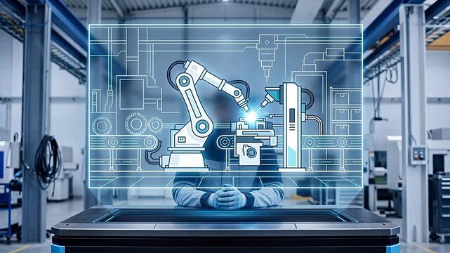 Professional technician monitoring a holographic interface of a robotic welding arm, displaying a detailed manufacturing schematic, and precision engineering in a modern plant