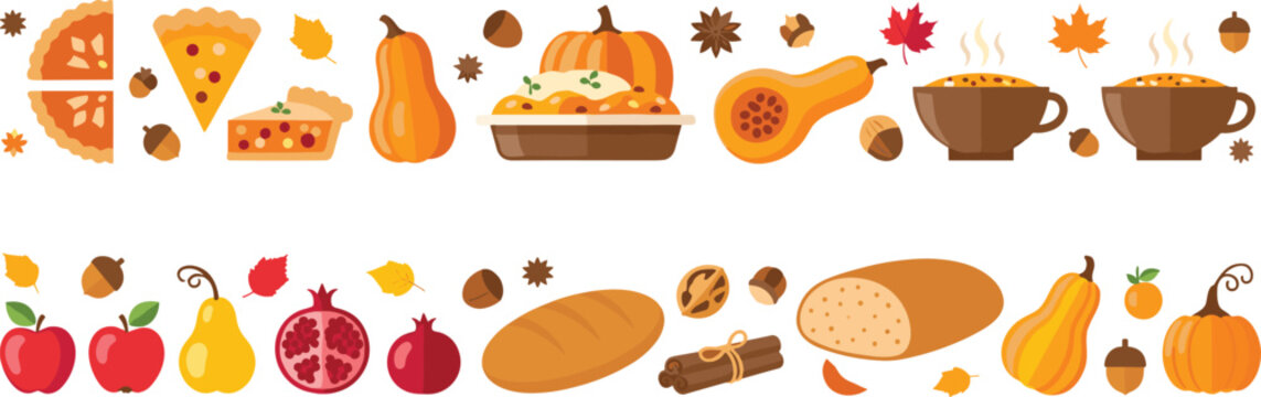 Autumn harvest food border set with pumpkin pie seasonal fruits vegetables and coffee for thanksgiving horizontal banner design