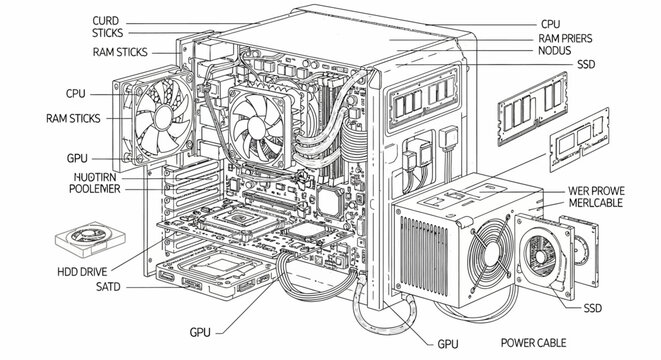 Computer hardware components diagram with labeled parts inside