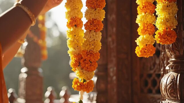 Woman's hands decorating an indian temple with vibrant marigold flower garlands, preparing for traditional hindu festival celebrations like parashurama jayanti.