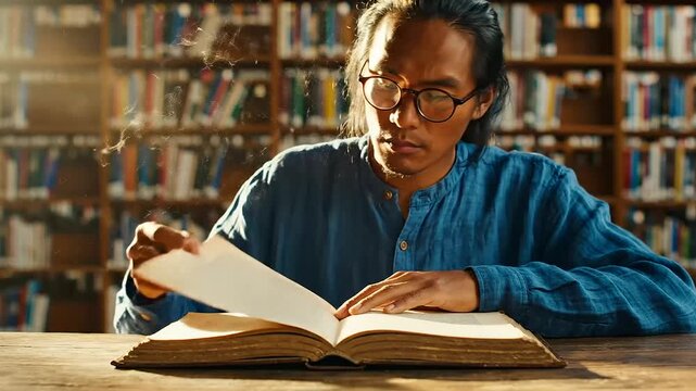 A focused man turns pages of an antique book in a dust-filled, sunlit library, capturing the spirit of International Youth Day and the enduring wisdom of Indigenous Peoples Day.
