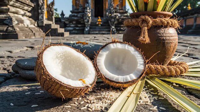 Traditional offerings like split coconuts, rice, and decorated pots displayed at a temple for hindu festival celebrations, like parashurama jayanti.