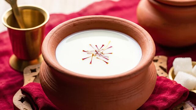 Creamy traditional indian drink topped with saffron strands served in a clay pot for parashurama jayanti festival.