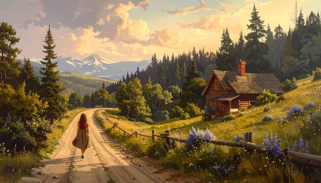 A woman walks a dirt path towards a rustic cabin in a sun-drenched valley, mountains in the distance