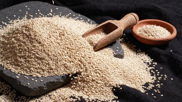 White sesame seeds piled with a wooden scoop on a dark plate, essential ingredient for hindu religious offerings and traditional festival preparations.