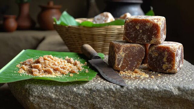 Traditional indian jaggery blocks and granules on a rustic stone slab with a knife, highlighting natural organic sweetener.