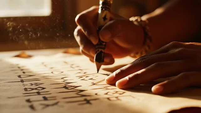 Hands meticulously write ancient symbols on parchment, representing cultural heritage and ancestral knowledge for International Youth Day and Indigenous Peoples Day.