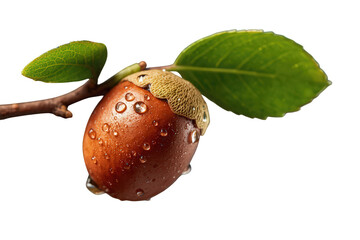 Fototapeta premium Jojoba fruit covered with fresh water drops, growing on a branch with green leaves. Healthy natural ingredient for cosmetics