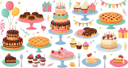 Birthday Party Dessert Vector Set with Celebration Cakes, Cupcakes, Donuts, Pie, Balloons, Gift Boxes and Sweet Treats on Decorative Cake Stands © Sanjida