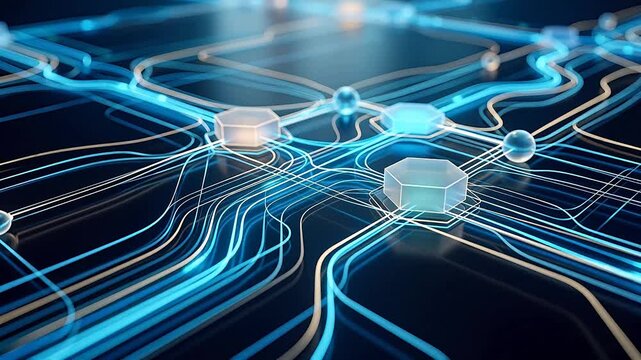 Futuristic digital circuit board with glowing blue light trails, moving data packets on neon high tech background, concept of artificial intelligence, global network connectivity