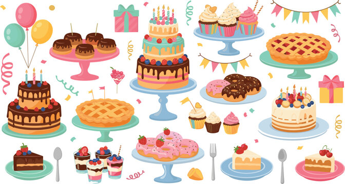 Birthday Party Dessert Vector Set with Celebration Cakes, Cupcakes, Donuts, Pie, Balloons, Gift Boxes and Sweet Treats on Decorative Cake Stands