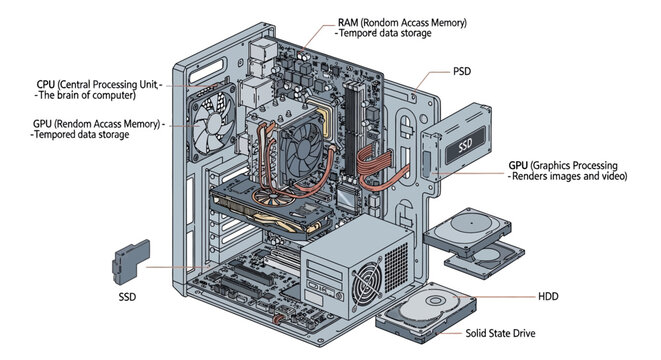 Computer hardware components diagram with labeled parts