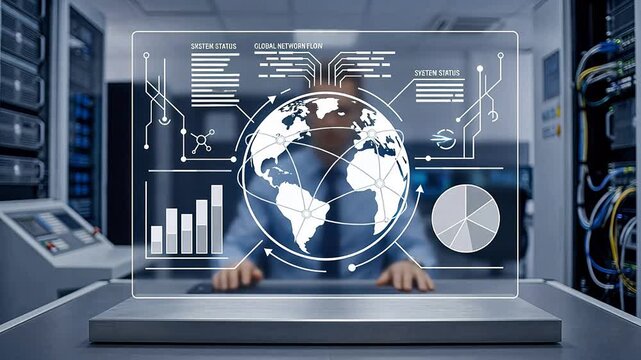 IT specialist managing global network flow on holographic world map in data center, telecommunications infrastructure and cybersecurity monitoring for international connectivity,