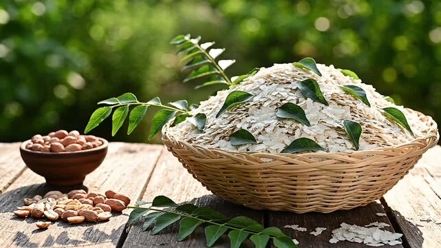 Delicious traditional indian flattened rice poha in a woven basket garnished with curry leaves and roasted peanuts on a rustic wooden table outdoors.