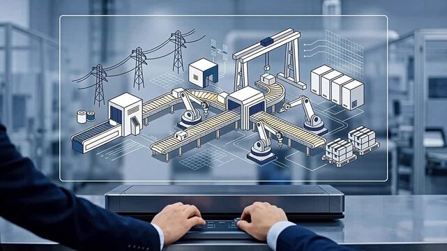 Professional engineer operating advanced industrial automation control system with holographic plant layout, smart factory manufacturing process visualization for modern industry,
